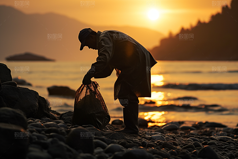 海边赶海夕阳高清摄影图