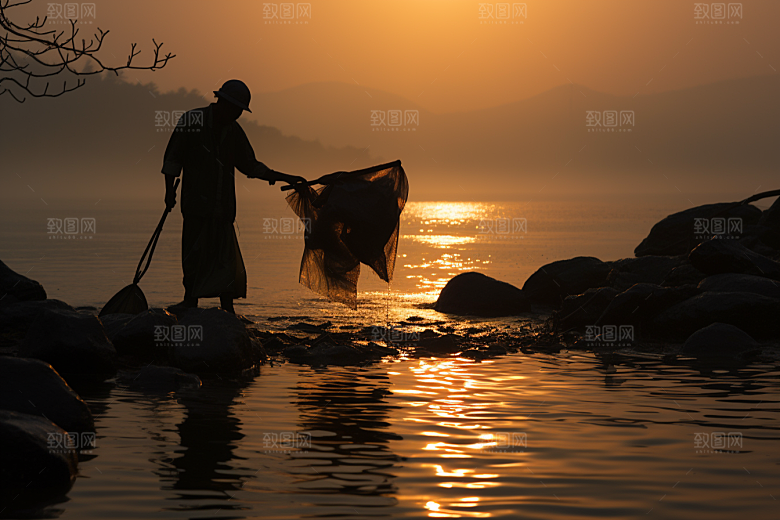 海边赶海海滩清晨摄影图