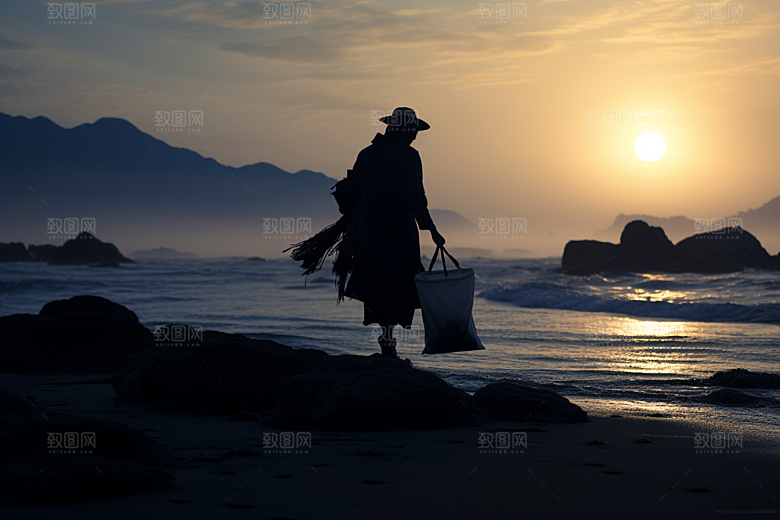 海边赶海夕阳海滩摄影图