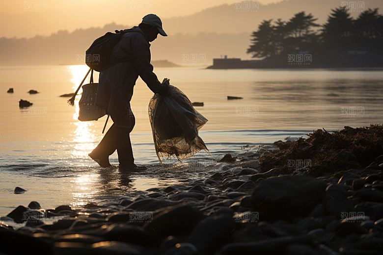 海边赶海夕阳落潮摄影图