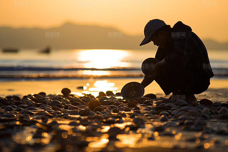 海边赶海落日潮汐摄影图