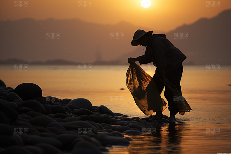 海边赶海海货落日摄影图