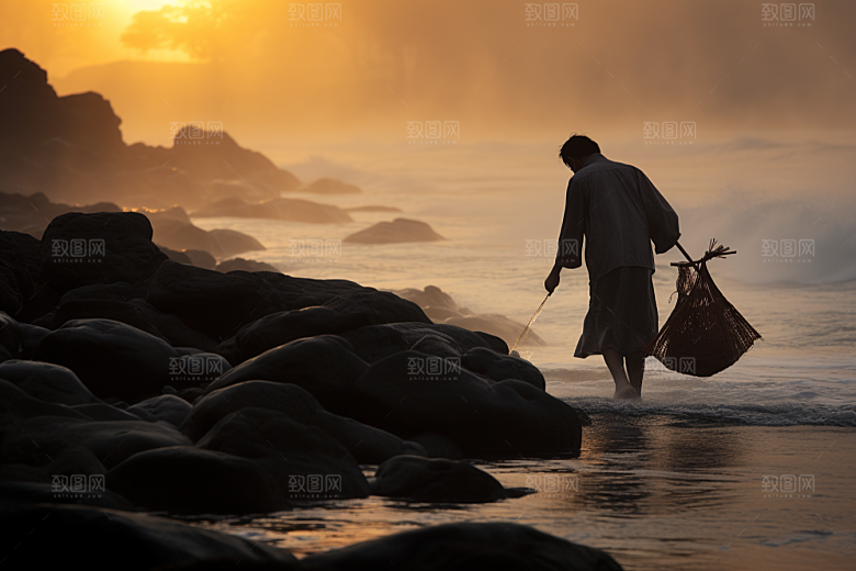 海边赶海清晨渔获摄影图