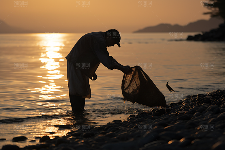 海边赶海潮汐余晖摄影图