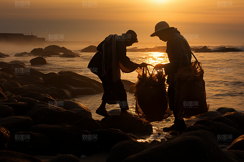海边赶海黎明夕阳摄影图