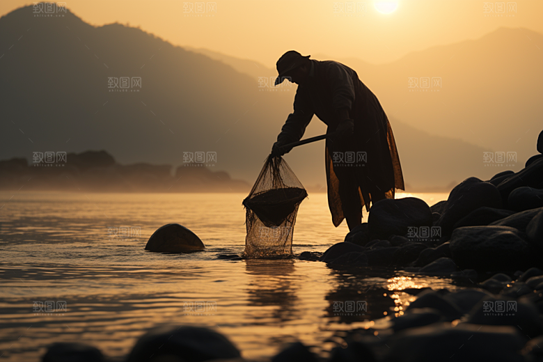 海边赶海落日礁石摄影图