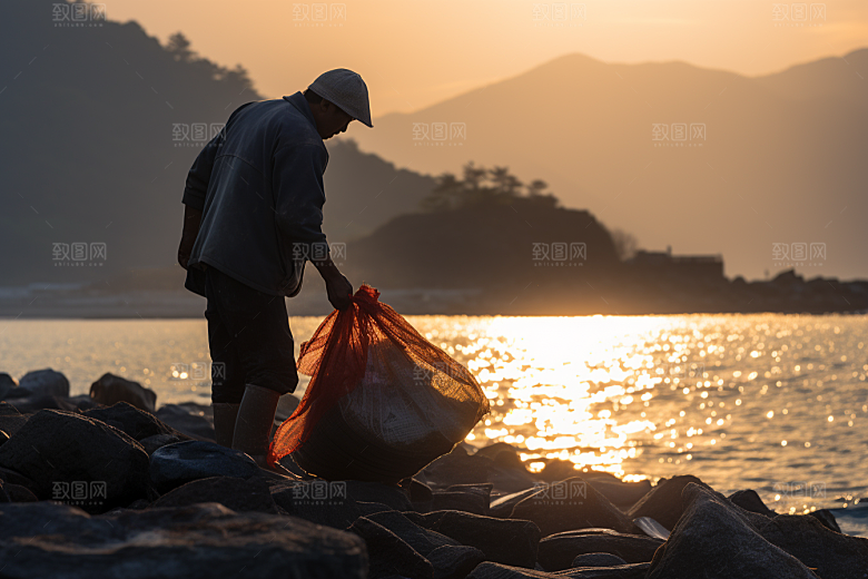 海边赶海夕阳海货摄影图