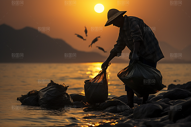 海边赶海捕捞落日摄影图