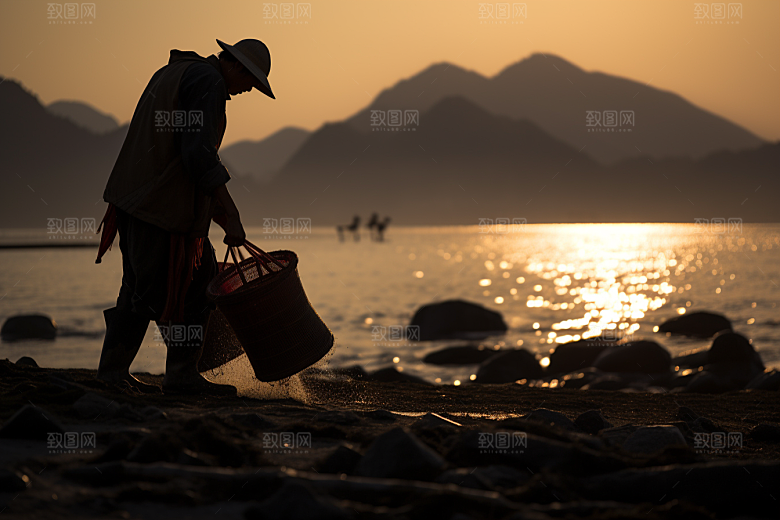 海边赶海清晨礁石摄影图