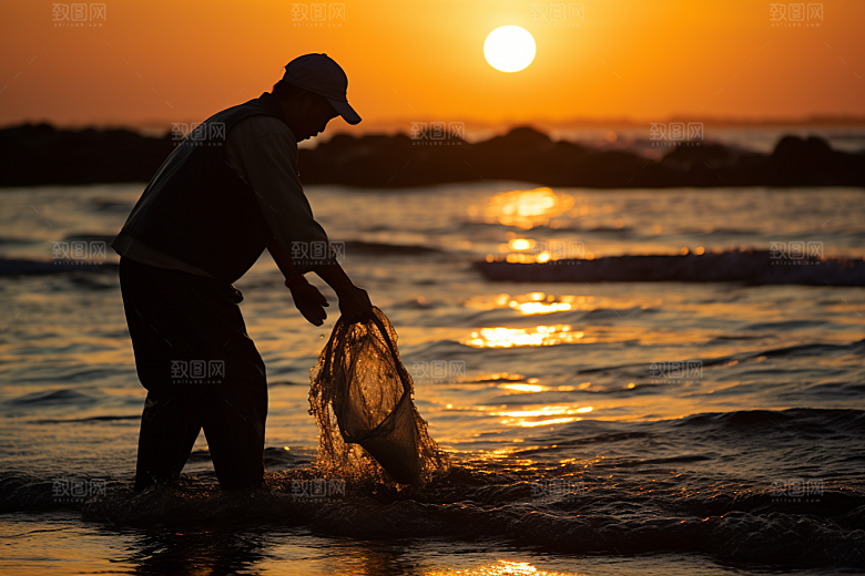 海边赶海余晖海货摄影图