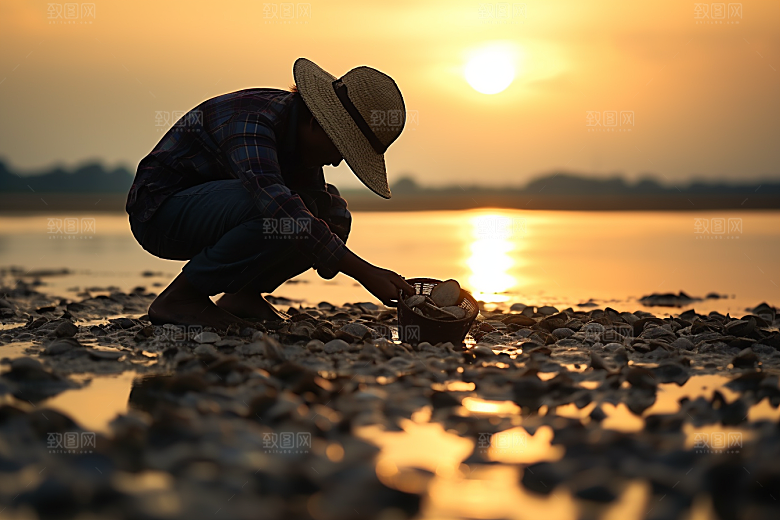 海边赶海渔获黎明摄影图