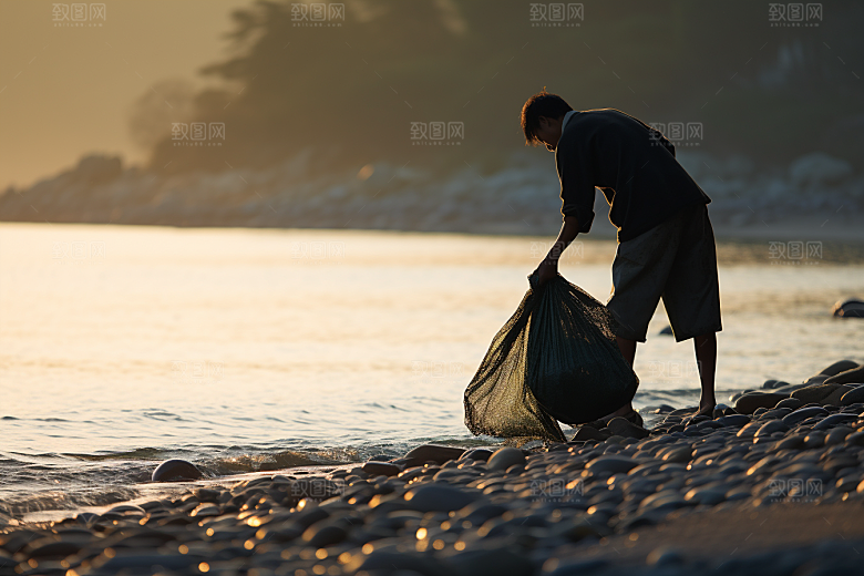 海边赶海夕阳捕捞摄影图