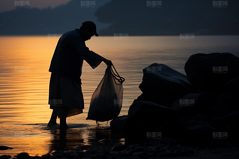 海边赶海余晖潮汐摄影图