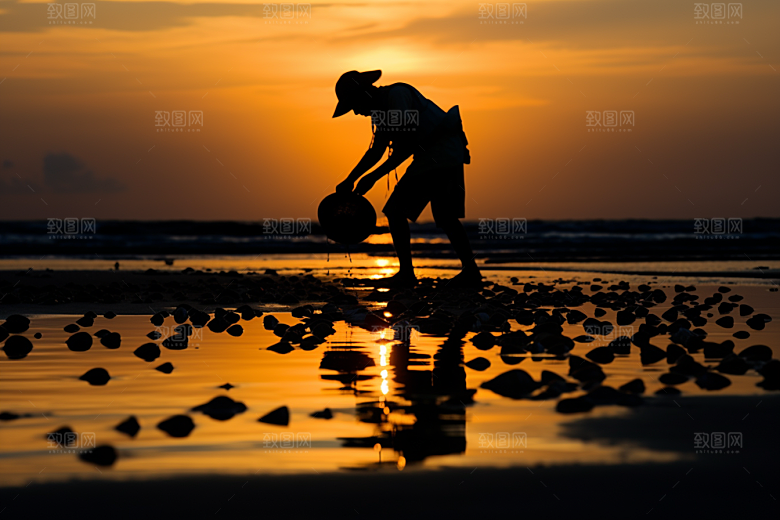 海边赶海潮汐黎明摄影图