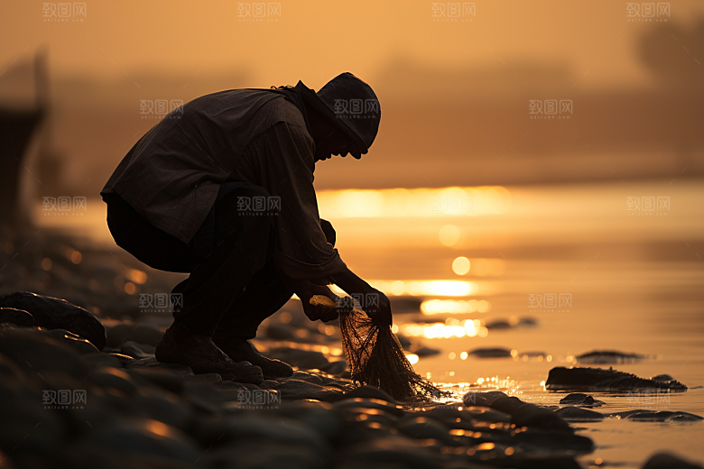 海边赶海海滩清晨摄影图