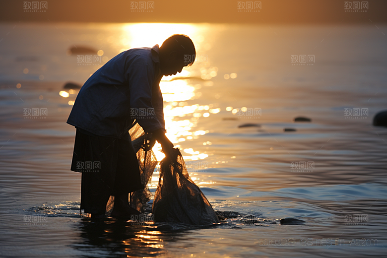 海边赶海滩涂清晨摄影图