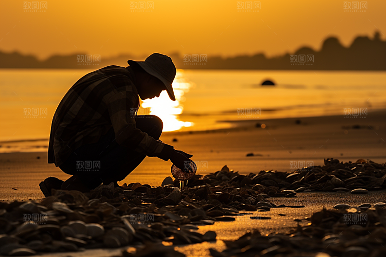 海边赶海捕捞礁石摄影图