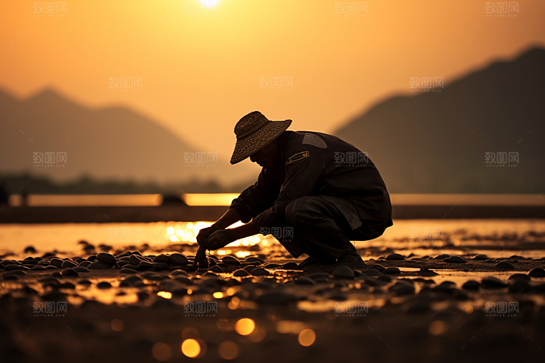 海边赶海落日落潮摄影图