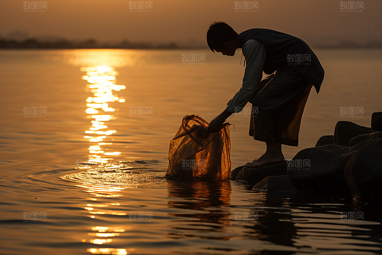 海边赶海潮汐夕阳摄影图