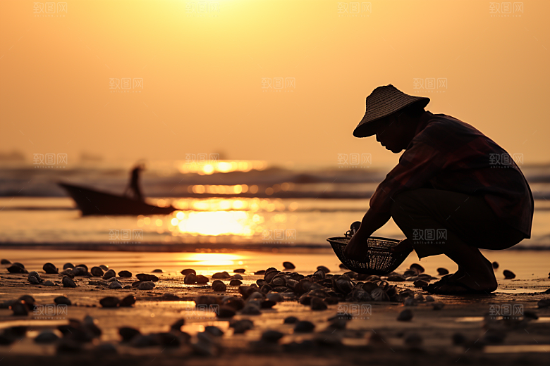 海边赶海高清余晖摄影图
