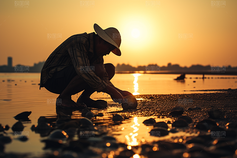海边赶海清晨礁石摄影图