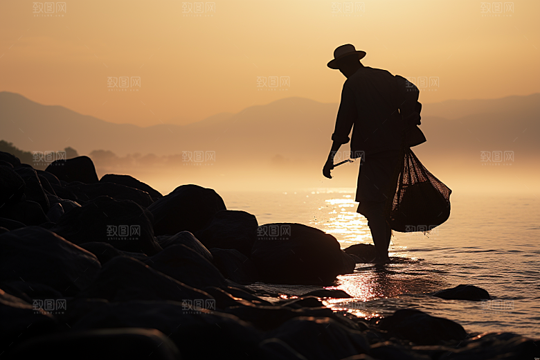 海边赶海落潮夕阳摄影图