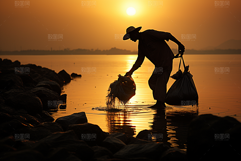 海边赶海滩涂夕阳摄影图