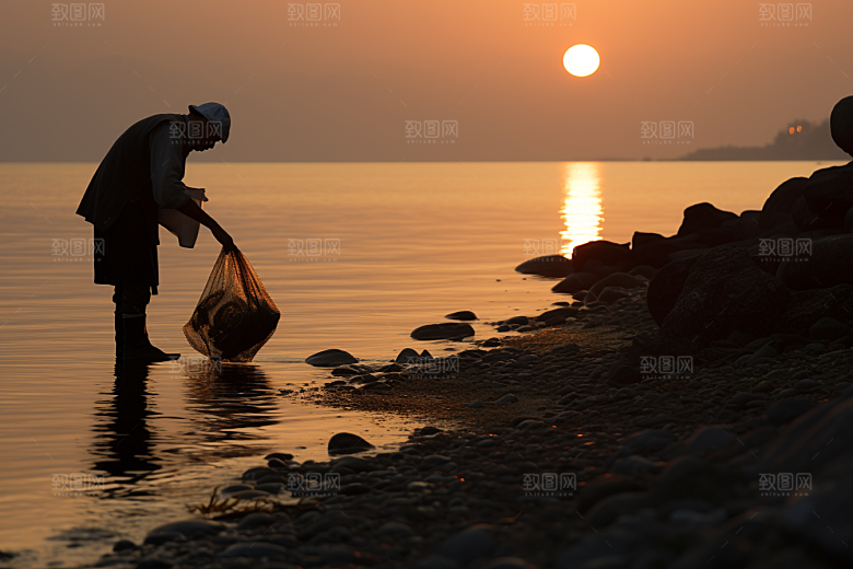 海边赶海潮汐余晖摄影图