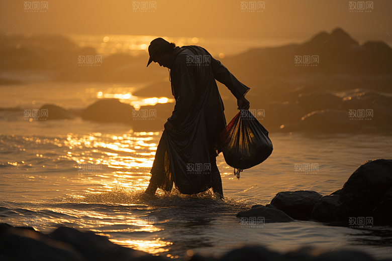 海边赶海余晖海货摄影图