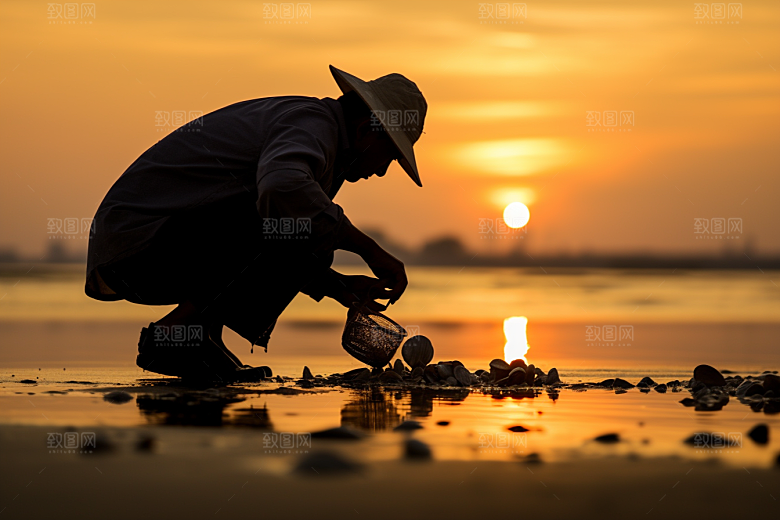 海边赶海余晖落潮摄影图