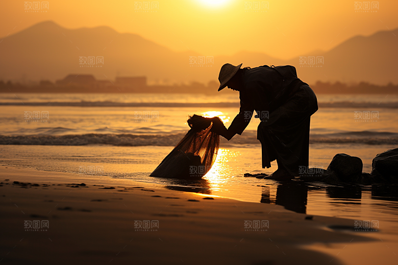 海边赶海渔获潮汐摄影图