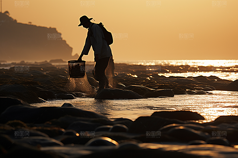 海边赶海清晨潮汐摄影图