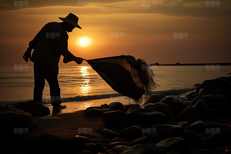 海边赶海落日渔获摄影图