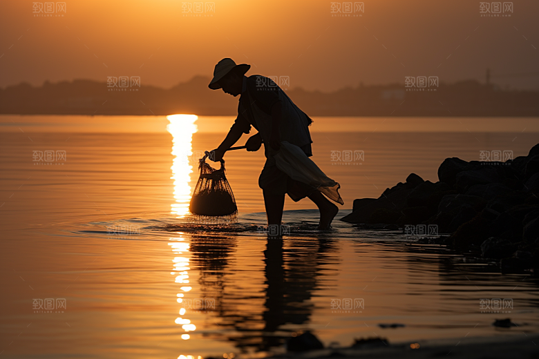 海边赶海夕阳落潮摄影图