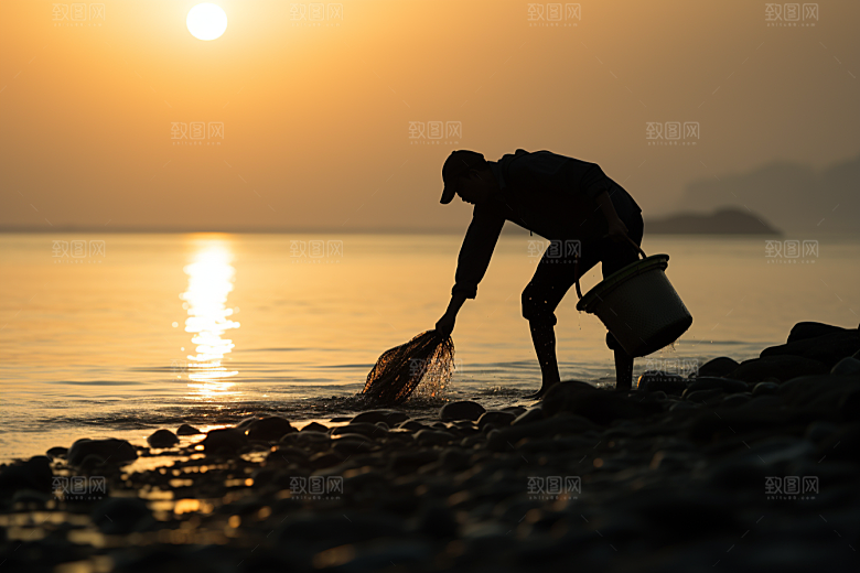 海边赶海渔获礁石摄影图