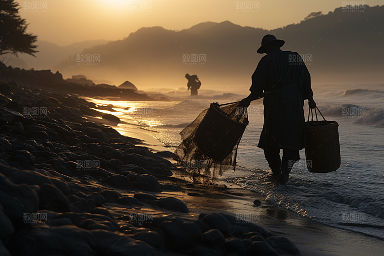 海边赶海落日捕捞摄影图