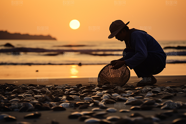 海边赶海黎明清晨摄影图