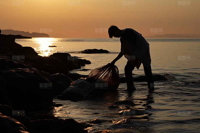 海边赶海余晖礁石摄影图