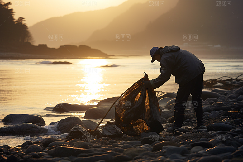 海边赶海潮汐夕阳摄影图
