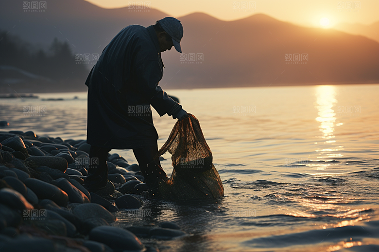 海边赶海余晖滩涂摄影图