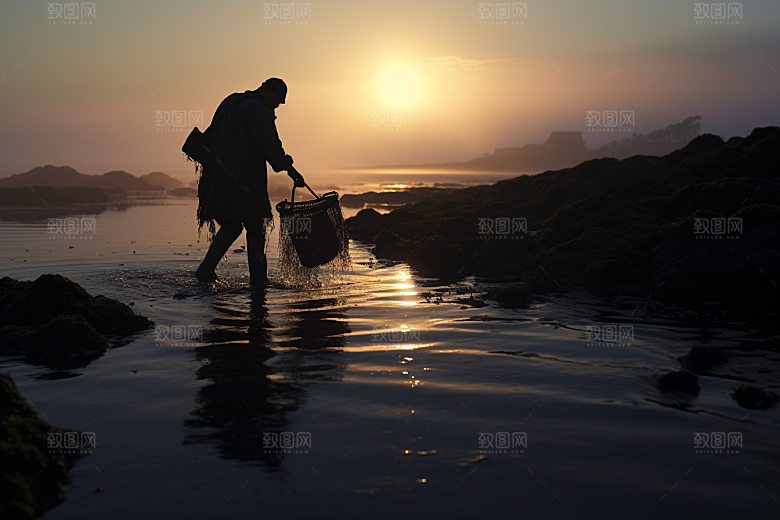 海边赶海清晨黎明摄影图