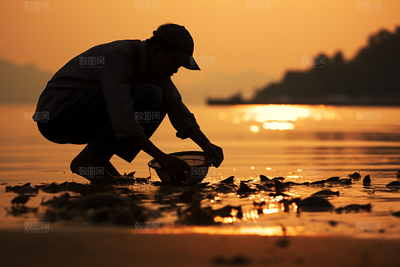 海边赶海捕捞海滩摄影图