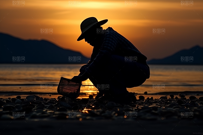 海边赶海黎明清晨摄影图