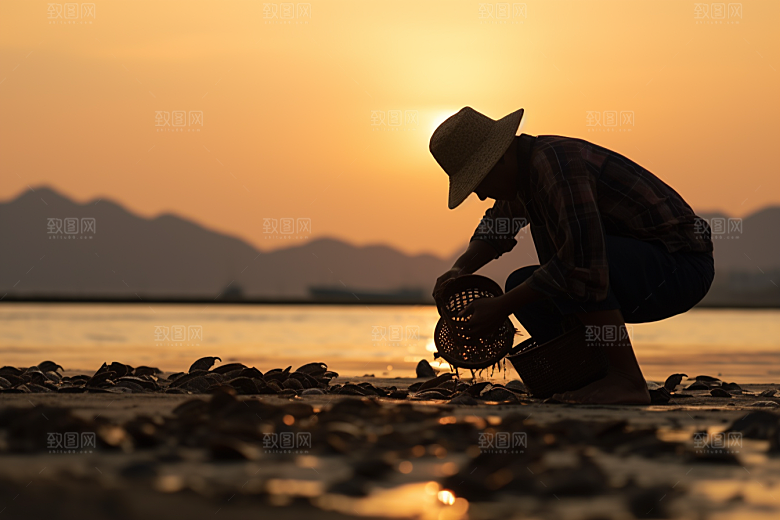 海边赶海礁石夕阳摄影图