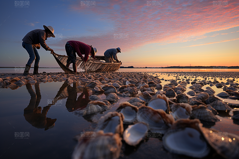 海边赶海清晨海滩摄影图