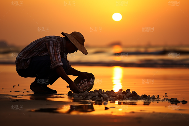 海边赶海夕阳落日摄影图