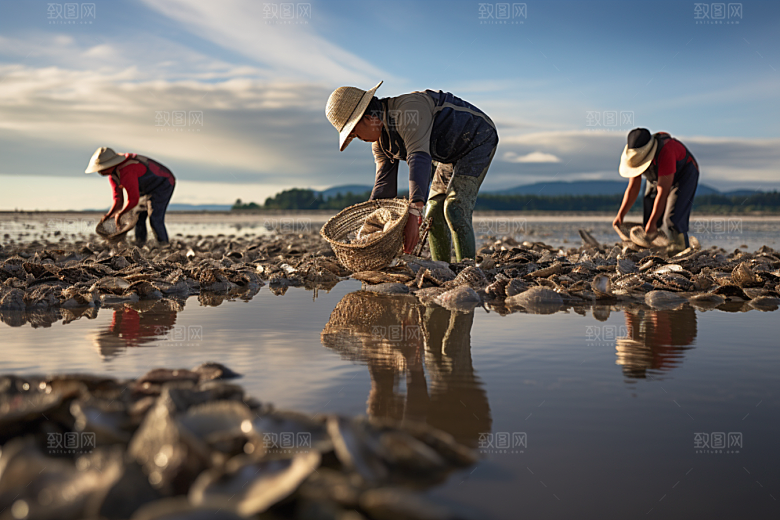 海边赶海余晖潮汐摄影图