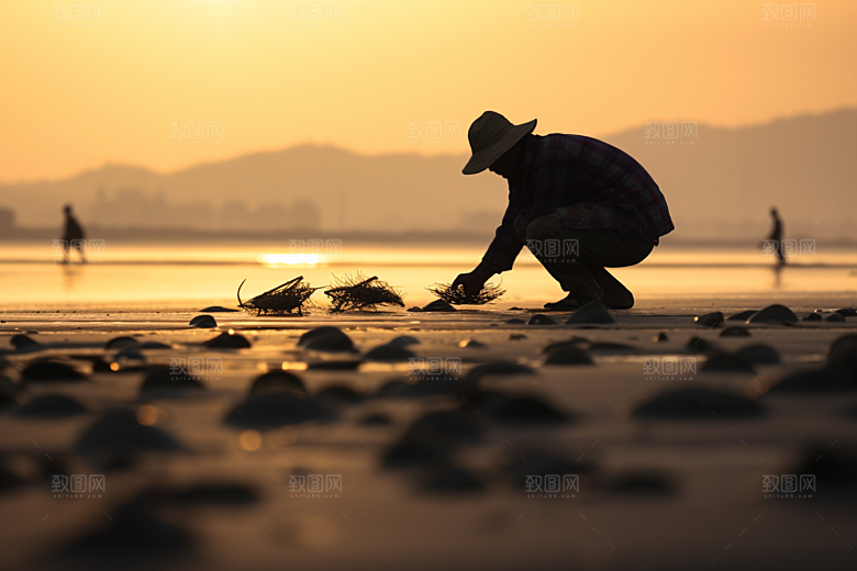 海边赶海夕阳余晖摄影图