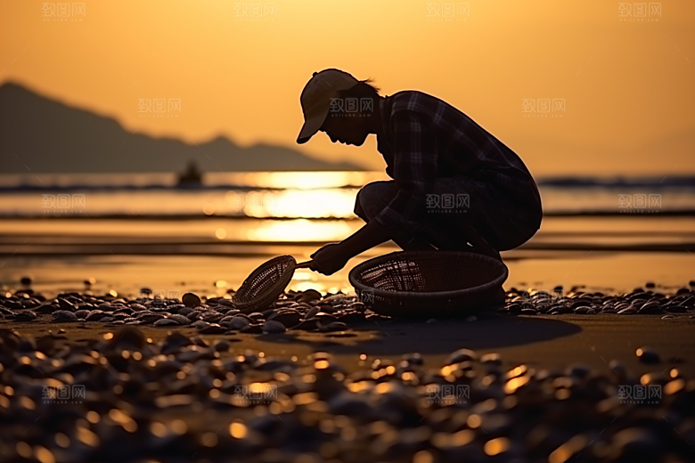 海边赶海海滩落日摄影图