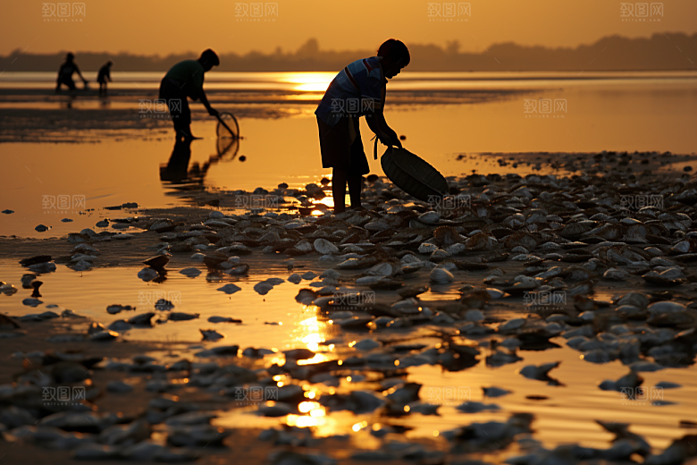 海边赶海滩涂夕阳摄影图